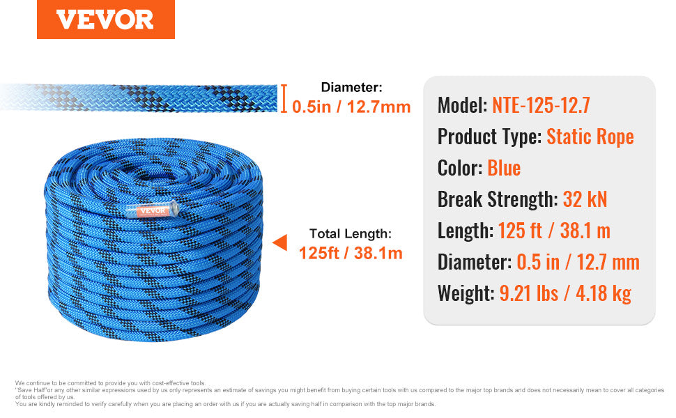 VEVOR 12.7mm Static Climbing Rope 125/150/200ft Outdoor Rock Climbing Rope 30KN Breaking