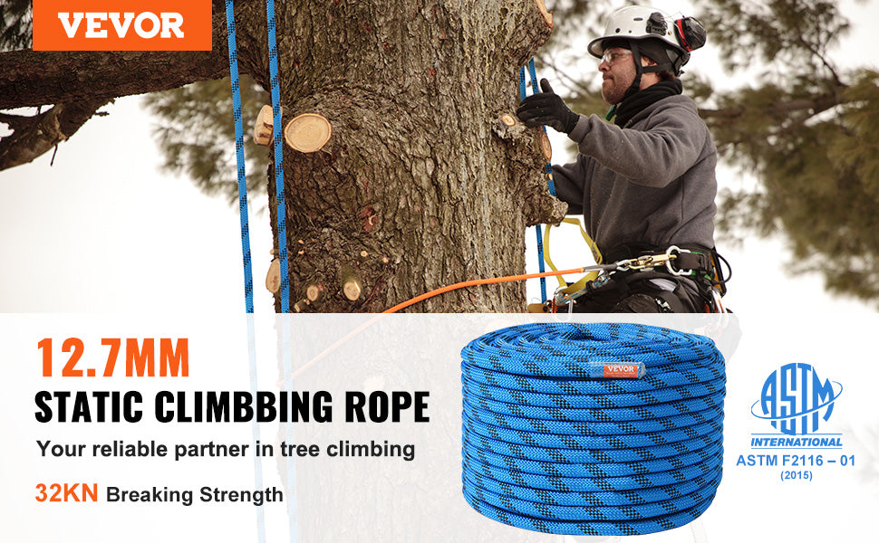 VEVOR 12.7mm Static Climbing Rope 125/150/200ft Outdoor Rock Climbing Rope 30KN Breaking