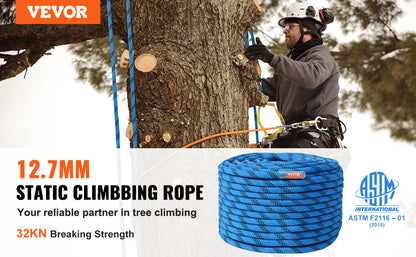 VEVOR 12.7mm Static Climbing Rope 125/150/200ft Outdoor Rock Climbing Rope 30KN Breaking