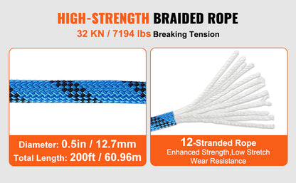VEVOR 12.7mm Static Climbing Rope 125/150/200ft Outdoor Rock Climbing Rope 30KN Breaking